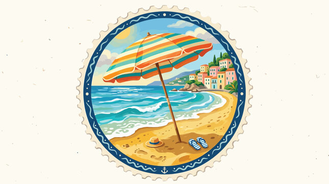 A colorful illustration of a beach scene with a retro parasol on golden sand, overlooking the ocean and a small town.