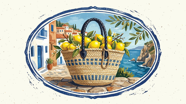 A vintage woven basket filled with lemons sits on a stone path overlooking the sea.