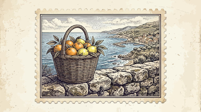 A vintage-style illustration of a wicker basket filled with citrus fruits on a rocky coastline with a serene sea view.