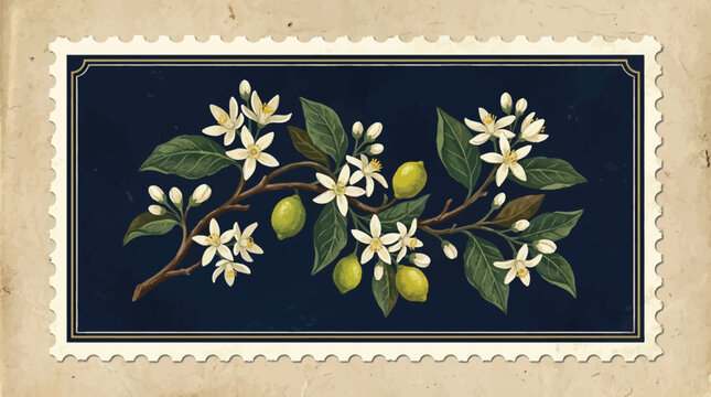 A vintage stamp featuring a branch of lemon blossoms with green lemons on a dark blue background.