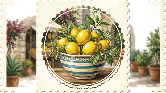 A vintage-style illustration of lemons in a decorative bowl on a wooden table with a scenic garden background.