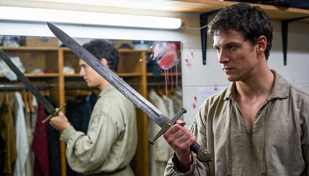 Young man holding a historical sword while looking in a dressing room mirror, preparing for a theater performance or stage production with dramatic costume and makeup