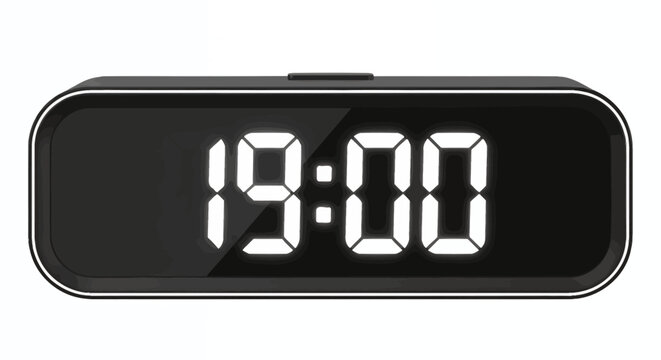 Sleek digital clock displaying 19:00 with white digits on a black rectangular frame.