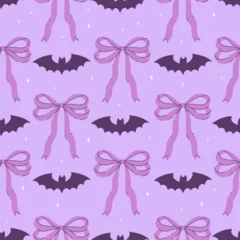Seamless purple pattern with bats and bows. Vector graphics. © Екатерина Зирина