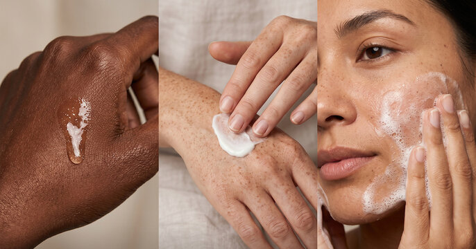 Morning skincare routine cream black hand, applying moisturizer to freckled and woman cleansing face with foam diversity natural skin types tones and textures collage beauty home mood self care ritual