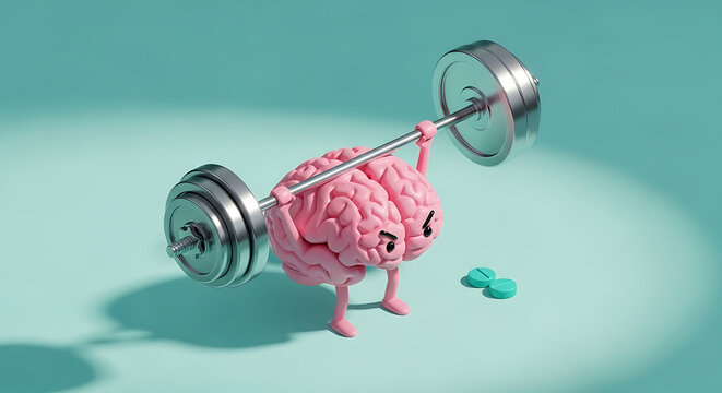 Anthropomorphic brain lifting a heavy barbell