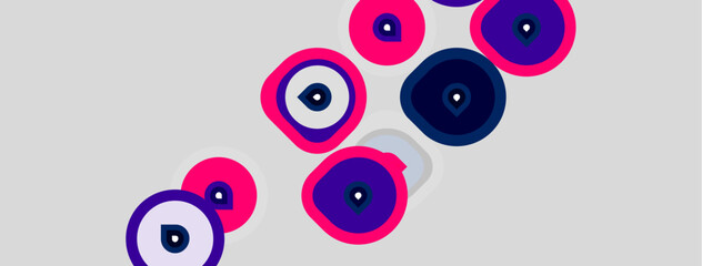 Fototapeta premium Abstract circles, varying sizes, pinks, purples, gray background. Minimalist design, modern aesthetic, simple shapes present.