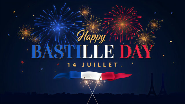 Happy bastille day celebration with fireworks