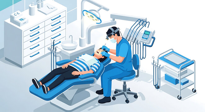 Isometric dental office scene with dentist and patient