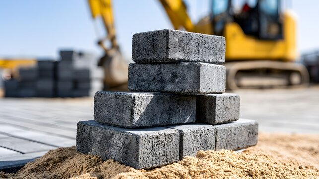 Close-up of neatly stacked, dark-colored paving stones on a bed of sand, with a bright yellow construction excavator subtly blurred in the background under a clear sky