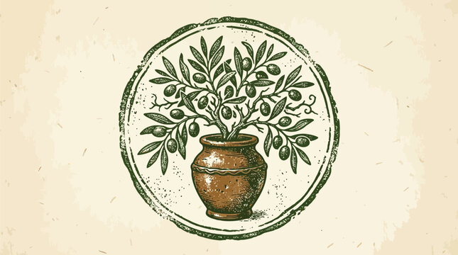A vintage illustration of an olive branch in a terracotta pot, surrounded by a circular border on a beige background.