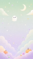 柔らかなパステルカラーの空に浮かぶ可愛いおばけとハロウィンの装飾のイラストレーション © serarino
