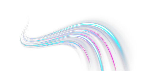 Obraz premium Bold abstract light ribbons form sweeping curves with radiant energy and vivid color transitions. Speed effects enhance modern style. Great PNG for web graphics.