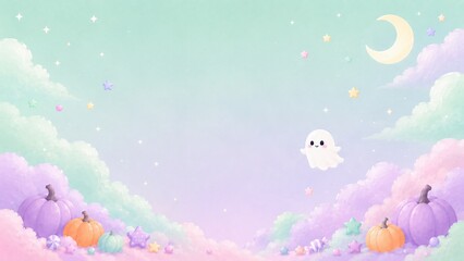 パステルカラーの優しい空に浮かぶ可愛いおばけとハロウィンの水彩イラスト © serarino