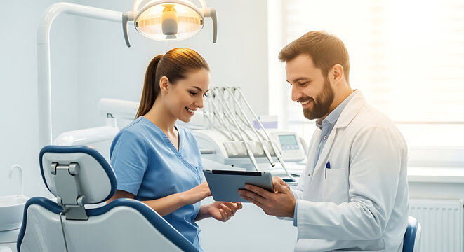Dentist and assistant discussing dental treatment on tablet