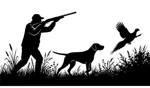 Bird Hunting Silhouette Set with Hunter Aiming Shotgun and Pointer Gundog Flushing Out Flying Pheasant in Wild Field Meadow Vector Illustration