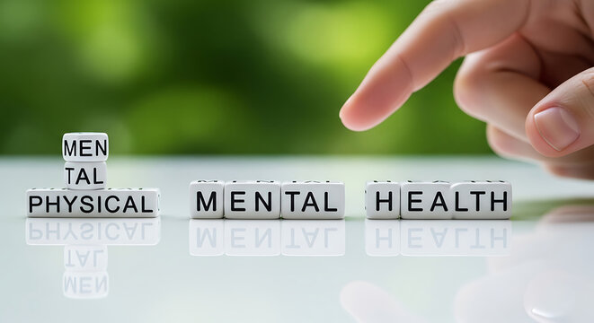 Conceptual image of mental and physical health balance with letter cubes