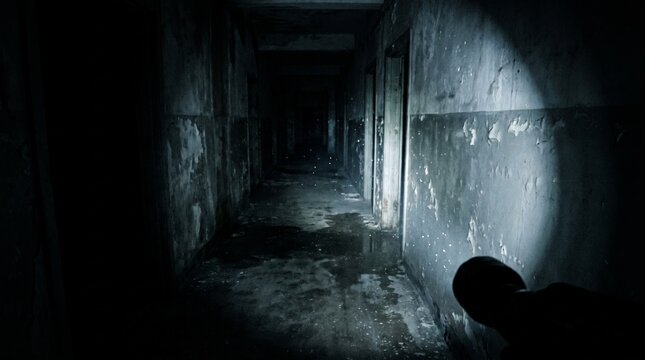 Point of view shot of a person exploring a dark and scary abandoned hallway with a flashlight in a haunted building.