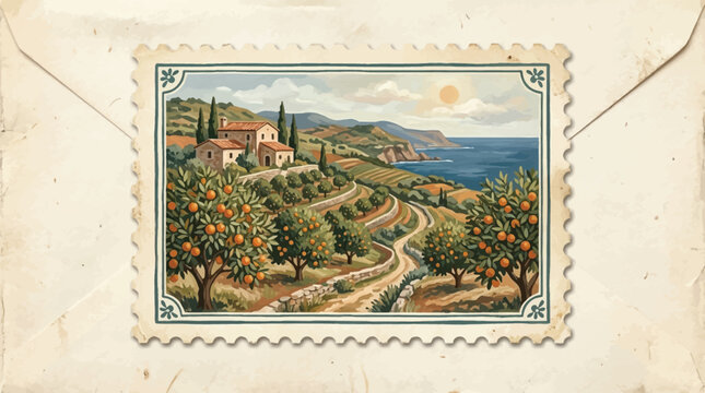 A vintage postage stamp featuring a scenic Sicilian orange grove with a Mediterranean sea view
