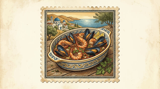 A vintage-style illustration of a serving dish filled with shrimp and mussels on a scenic background