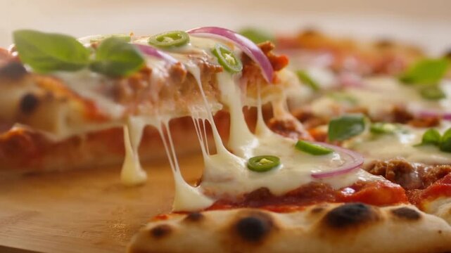 Slow motion of a gourmet pizza slice being lifted with an oily cheese pull, topped with red onion and jalapeno slices on a wooden board
