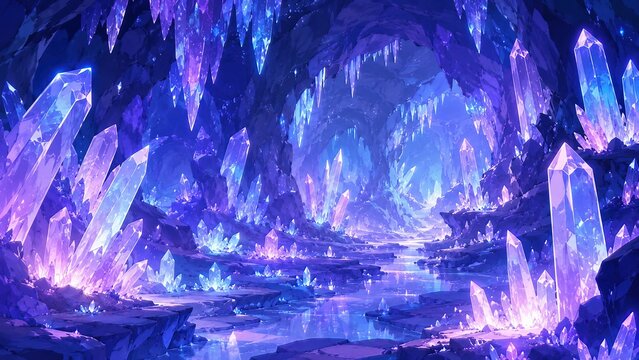 神秘的な光を放つクリスタルが輝く幻想的な洞窟のイラスト