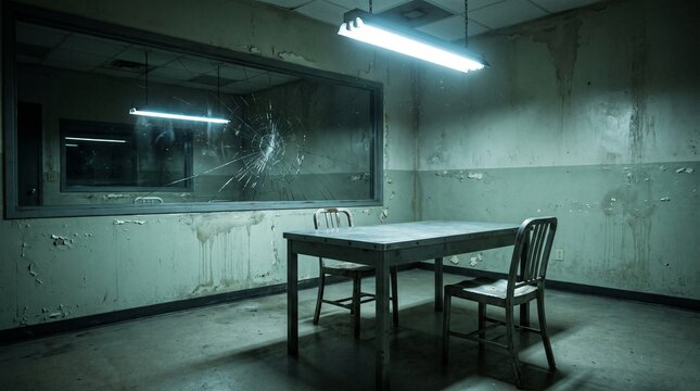 Empty interrogation room in a derelict police station with a cracked one-way mirror and cinematic lighting