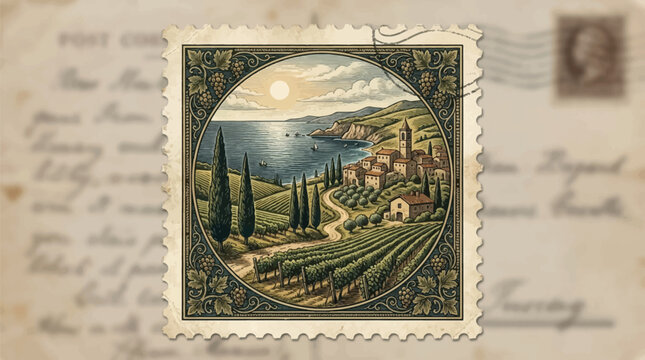 A vintage-style illustration of a Tuscan vineyard by the sea on an old postcard with a scenic view