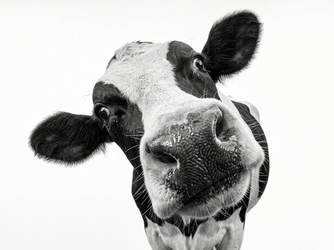 Single funny holstein cow curious expression looking at camera close up isolated on white background for cow appreciation day with holstein livestock portrait domestic agriculture