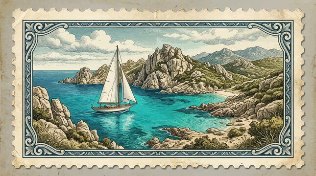 A vintage-style stamp illustration depicting a serene sailboat in a picturesque cove surrounded by rocky cliffs and mountains.