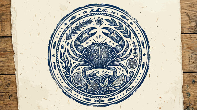 A blue crab stamp on a piece of paper with citrus slices, set against a wooden background