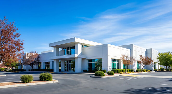 Modern commercial office building with parking lot under clear blue sky