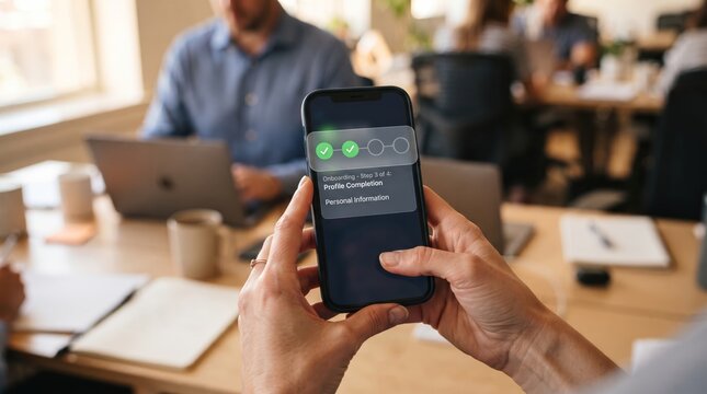 Person holding a smartphone displaying a digital profile completion progress status within a modern shared office workspace environment