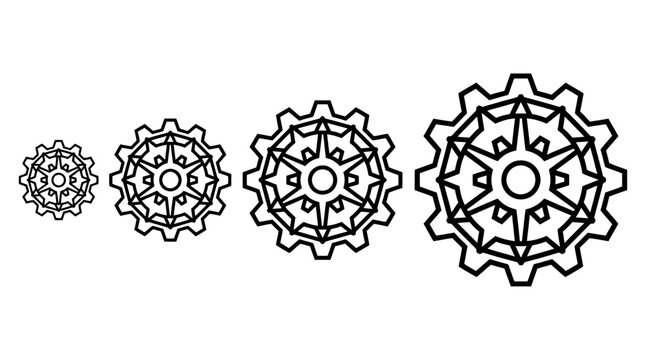 Four black and white gear icons arranged in a row from smallest to largest size with intricate geometric star patterns.