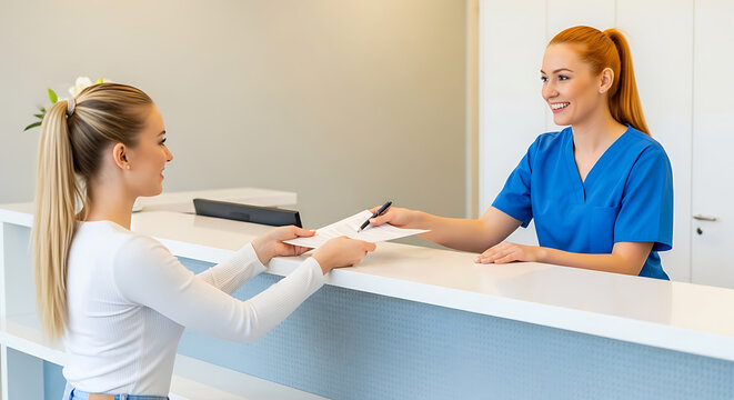 A young woman handing a medical form to a smiling receptionist at a clinic desk