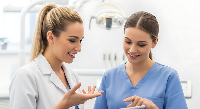 Female dentist and assistant reviewing information on a tablet