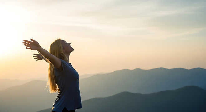 Woman standing with arms outstretched on a mountain peak at sunset