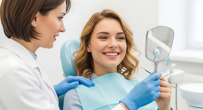 Dentist showing a mirror to a smiling patient