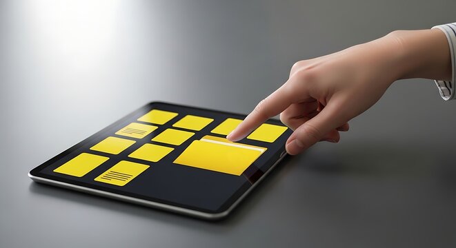 Hand interacting with tablet, yellow rectangles on screen, gray background, finger touchscreen