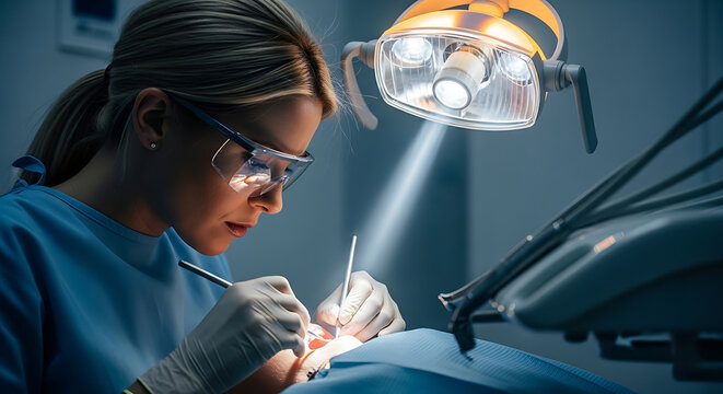Dentist performing a procedure with dental tools