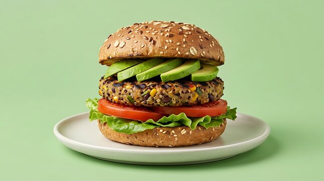 Vegan black bean burger with avocado and tomato on whole grain bun