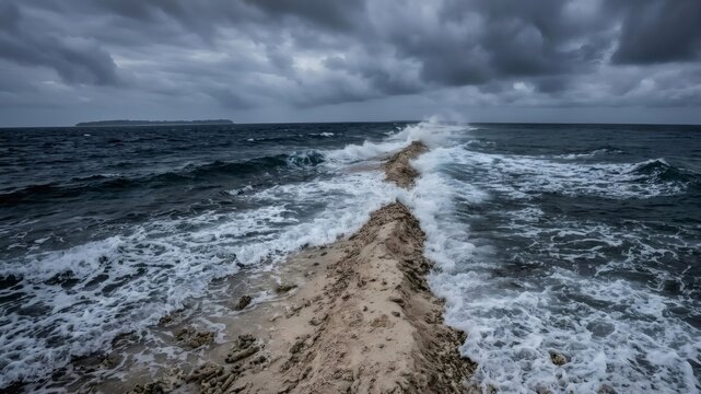 Narrow coral sandspit battered by crashing ocean waves and sea foam in Tuvalu