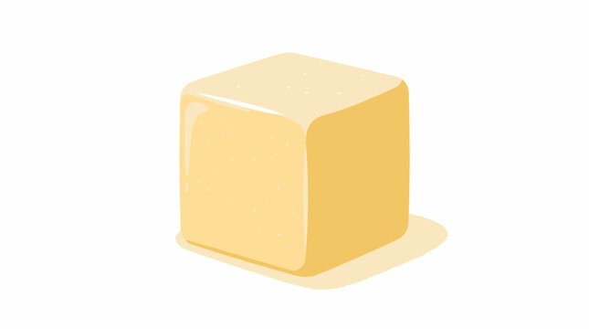 A single cube of butter casting a shadow on a white background.