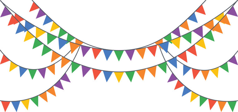 Colorful party bunting flags vector illustration, multi colored festive hanging pennant garland decoration isolated design