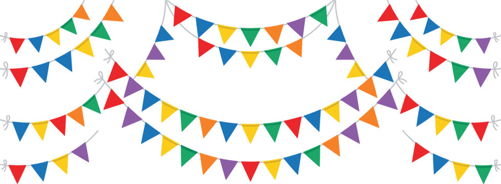 Colorful party bunting flags vector illustration, multi colored festive hanging pennant garland decoration isolated design