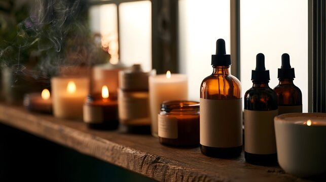 Scented candles and amber glass bottles with droppers arranged on a wooden shelf near a window with soft natural light
