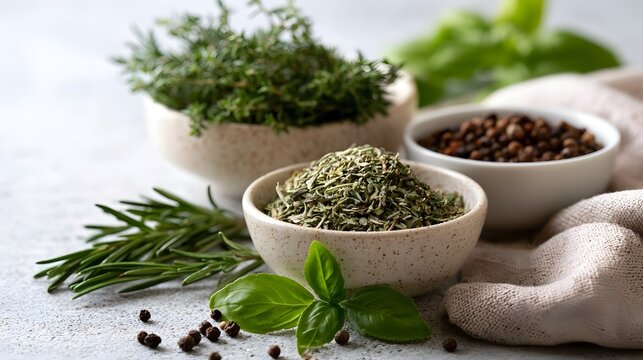 An artful arrangement of fresh and dried herbs peppercorns and botanical ingredients displayed on linen fabric in a rustic kitchen setting