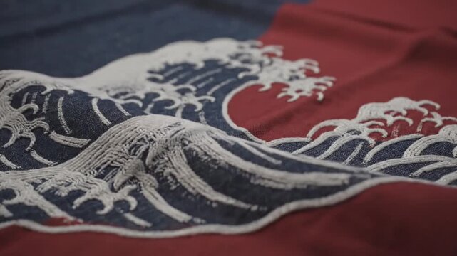 Close up of Japanese wave embroidery on red fabric.