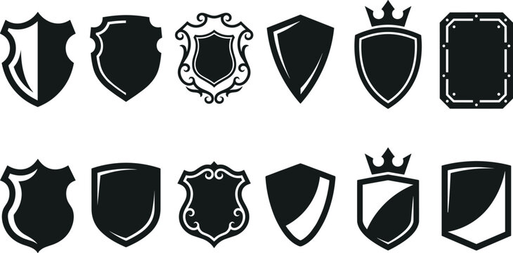 Heraldic Shield and Security Crest Vector Icon Set Featuring Ornate Royal Badges, Crowned Blazons, and Minimalist Protection Symbols for Corporate Branding Designs