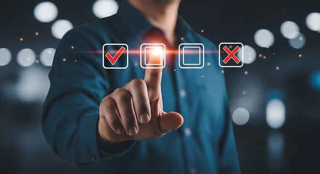 Man in blue shirt interacting with digital checklist, and buttons index finger